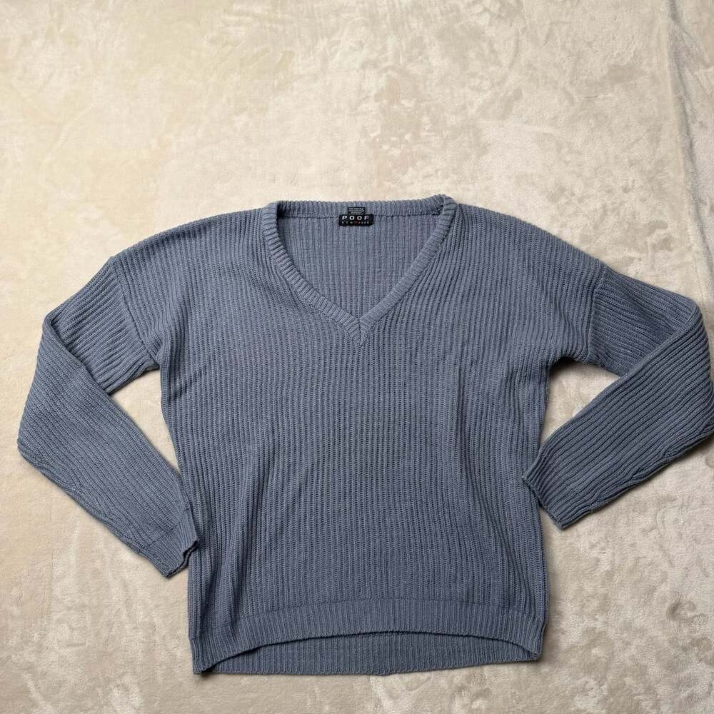 Poof New York V-Neck Sweater Size M Blue Ribbed Knit Cotton Blend